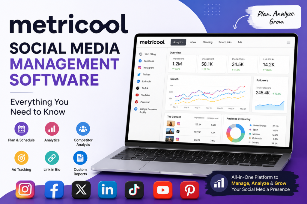 Social Media Management Software Metricool dashboard showing social media scheduling, analytics, and performance tracking.