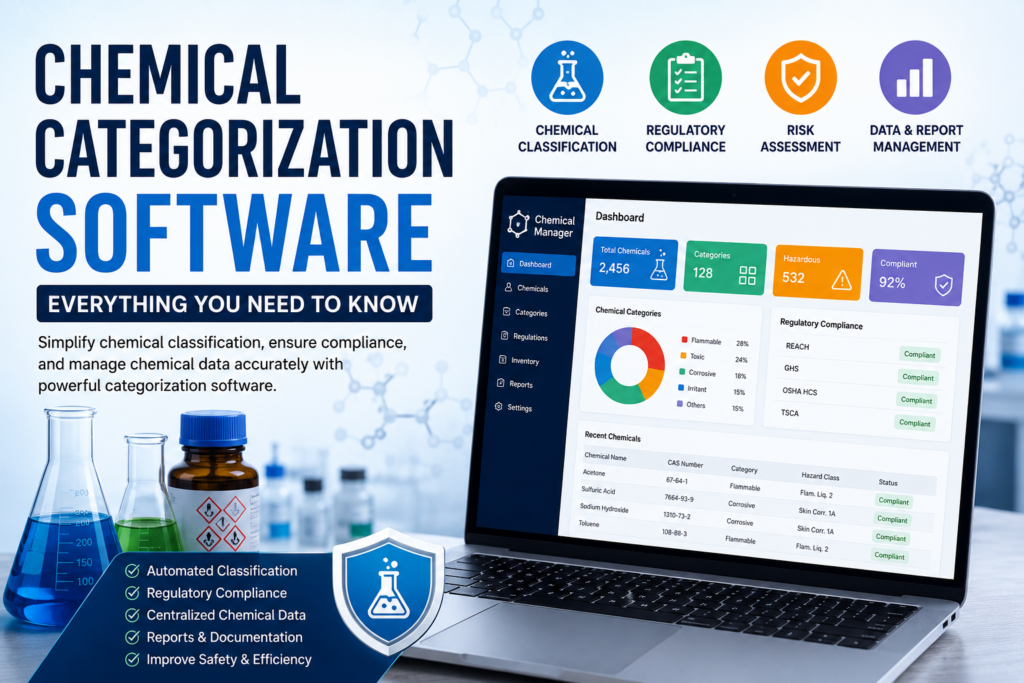 Chemical Categorization Software dashboard showing chemical classification, regulatory compliance, risk assessment, and data management features.