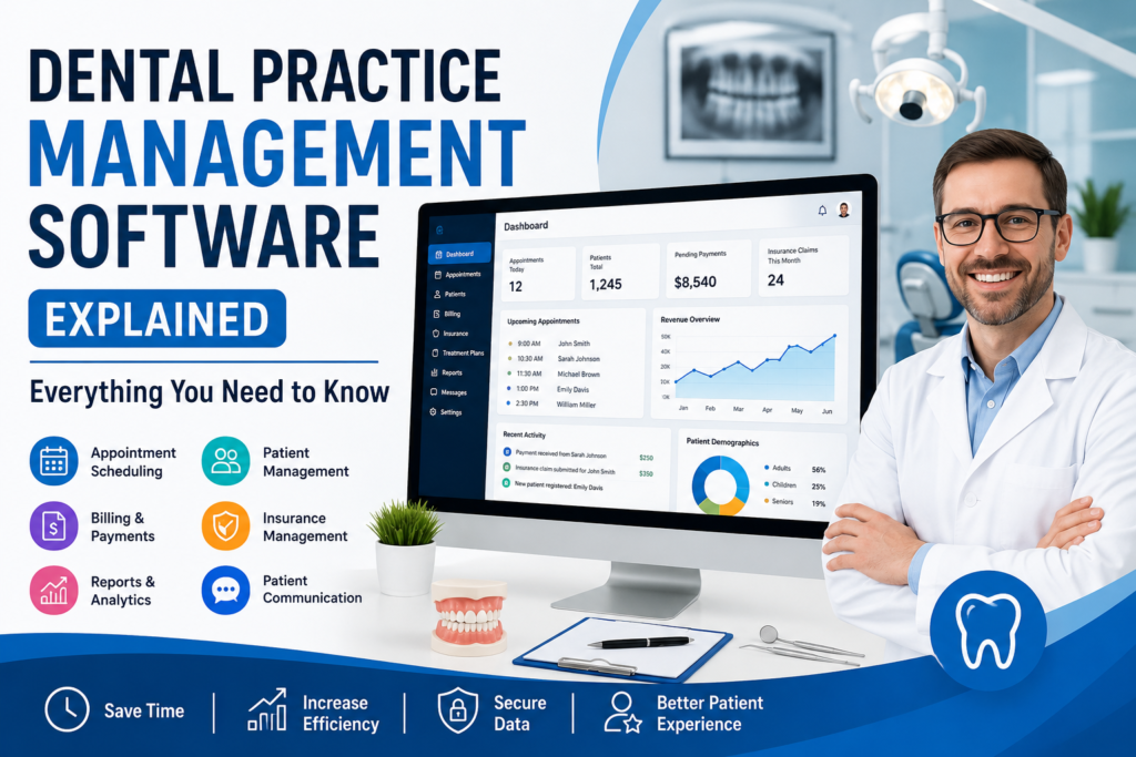 Dental Practice Management Software dashboard helping dentists manage appointments, billing, patient records, and clinic operations