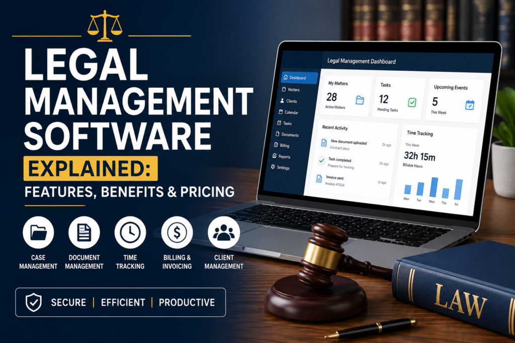 Legal Management Software dashboard showing case management, document management, billing, and client management features