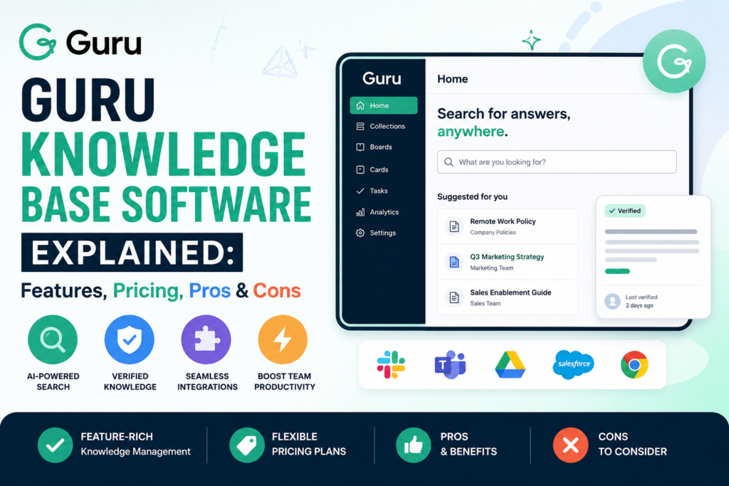 Guru Knowledge Base Software dashboard showcasing AI-powered search, verified knowledge management, pricing, features, pros and cons