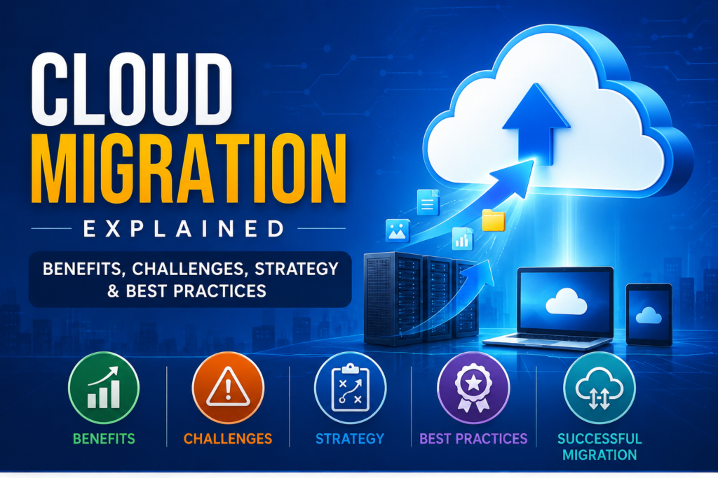 Cloud Migration explained with benefits, challenges, strategy, and best practices illustration