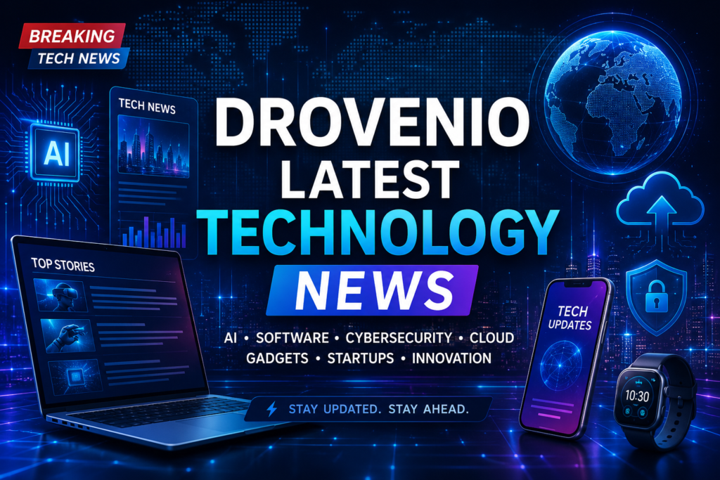 Drovenio latest technology news featured image showing AI, software, cybersecurity, cloud computing, gadgets, and modern digital technology trends.