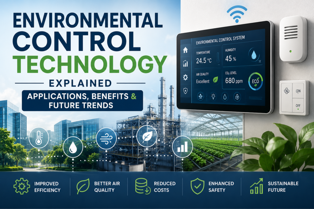 Environmental Control Technology dashboard showing smart sensors, HVAC controls, air quality monitoring, and sustainable building automation.