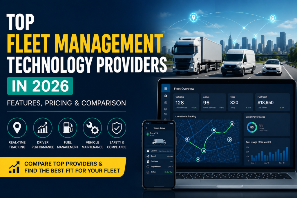 Fleet Management Technology Providers 2026 featured image showing AI-powered fleet management software, GPS vehicle tracking, and connected commercial fleet dashboard.