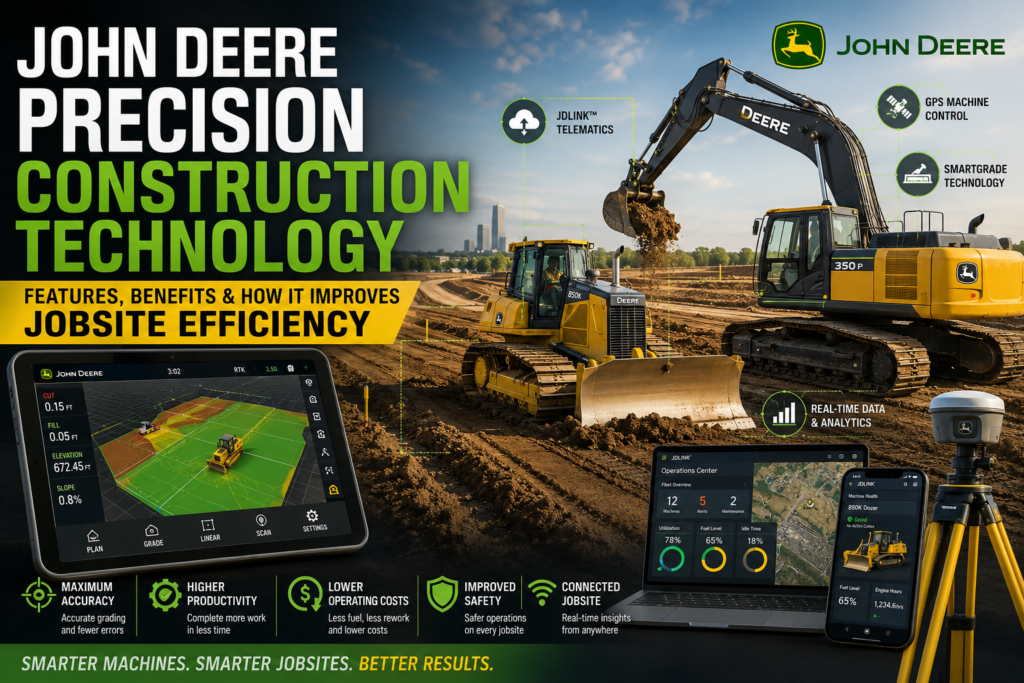 John Deere Precision Construction Technology featuring SmartGrade, GPS machine control, JDLink telematics, and intelligent construction equipment improving jobsite efficiency
