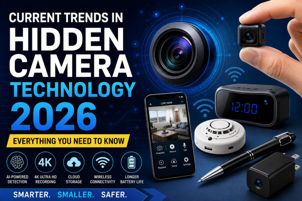 Current Trends in Hidden Camera Technology 2026 featuring AI-powered surveillance, 4K hidden cameras, wireless monitoring, and smart security innovations