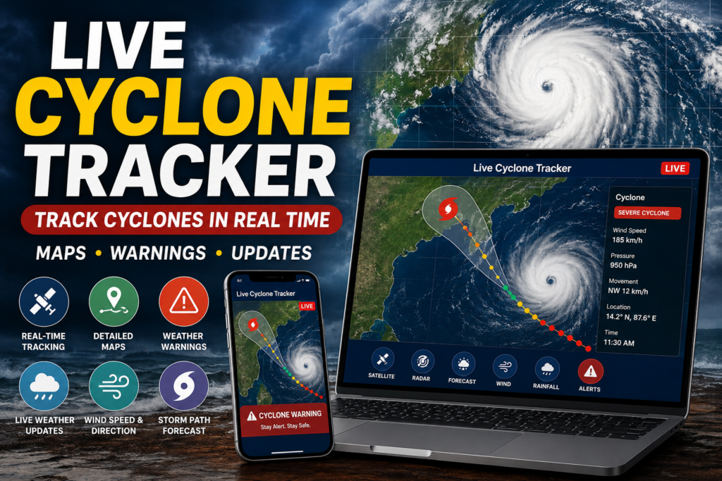 Live Cyclone Tracker showing real-time cyclone maps, storm paths, warnings, and weather updates on laptop and smartphone