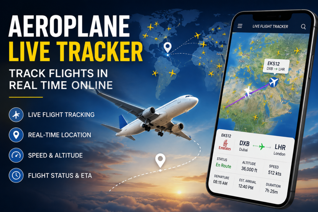 Aeroplane live tracker showing real-time flight tracking, aircraft location, route, speed, altitude and flight status