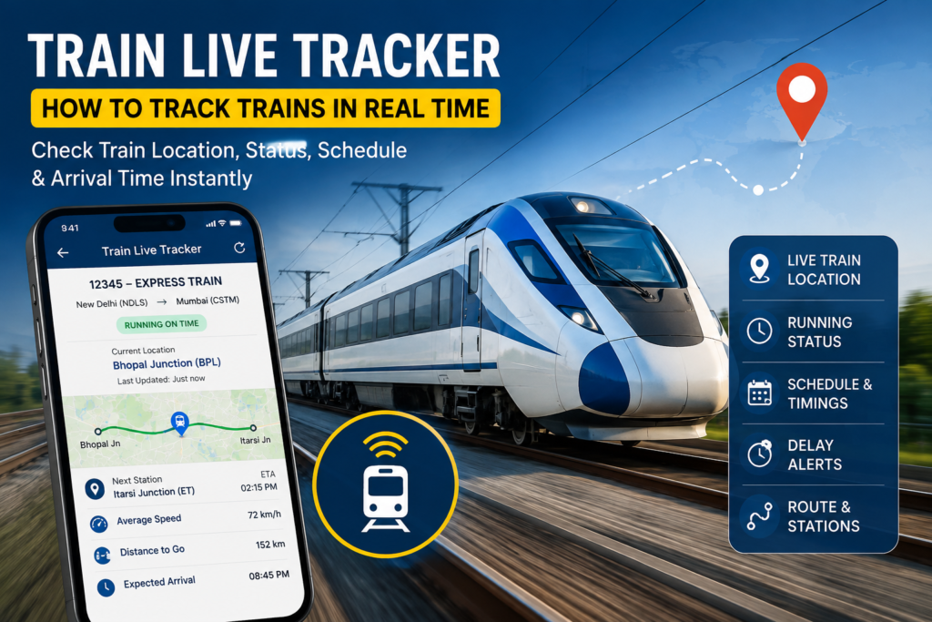 Train Live Tracker showing real-time train location, running status, schedule and arrival time