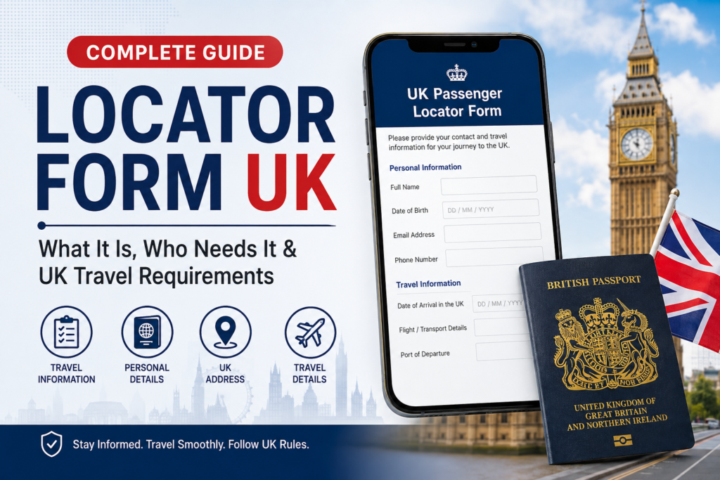 Locator Form UK guide showing a UK passenger locator form on a smartphone, British passport, UK flag, and travel requirements information.