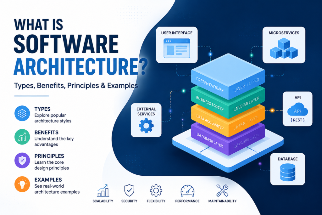 Software architecture explained with types, benefits, principles, and examples showing modern software system design layers