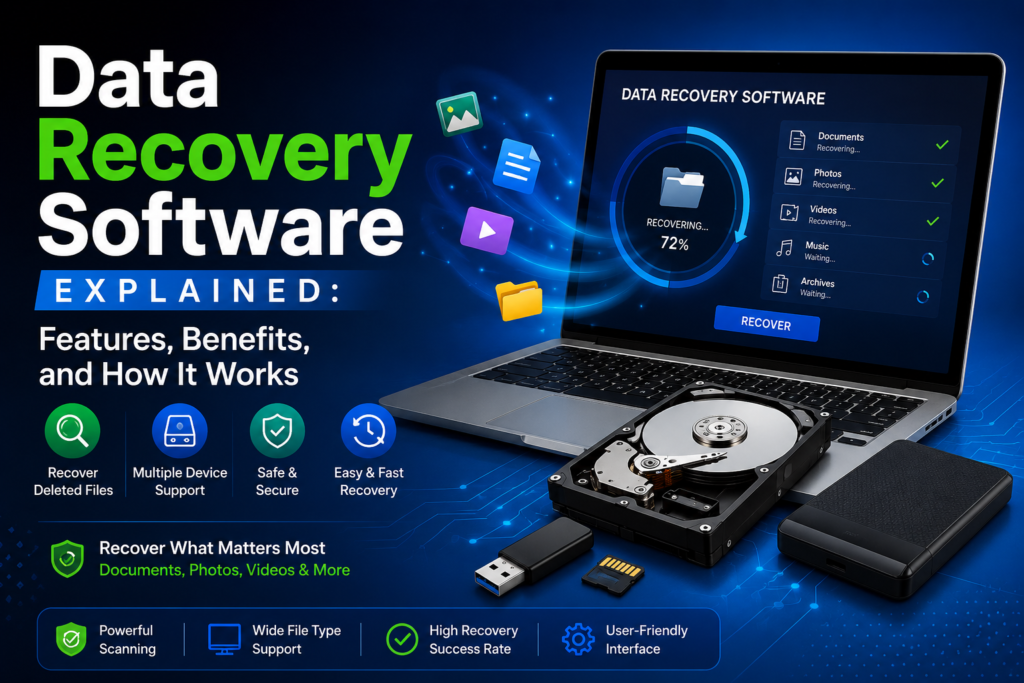 Data recovery software dashboard showing file recovery process, features, benefits, and secure data restoration on laptop