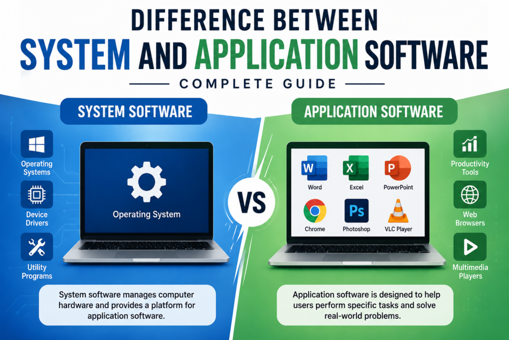 Difference between system and application software showing comparison of system software and application software features, examples, and uses